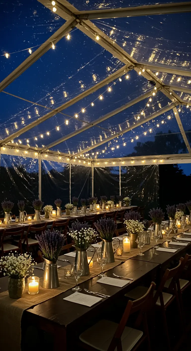 Tente transparente de nuit, illuminée de guirlandes et de bougies.