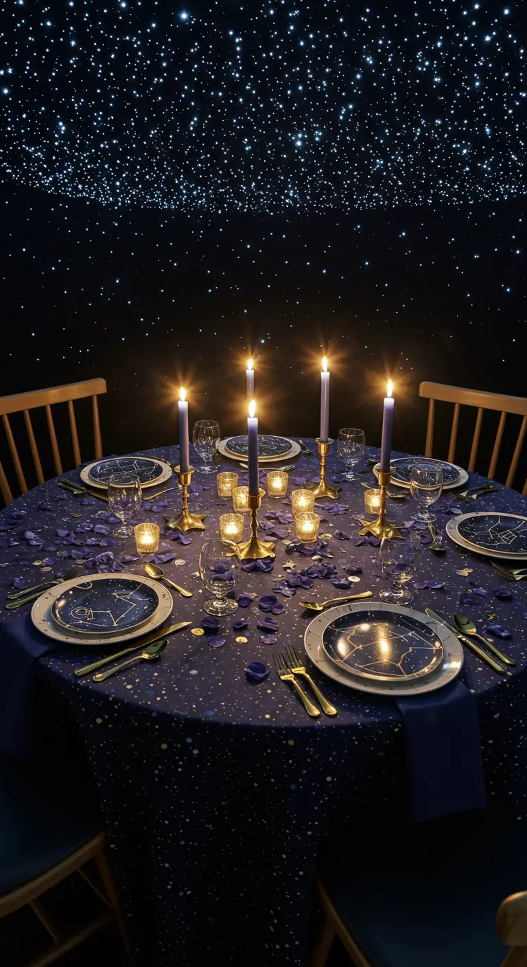 Table de dîner dressée sous un plafond illuminé par des milliers de points lumineux imitant des étoiles.