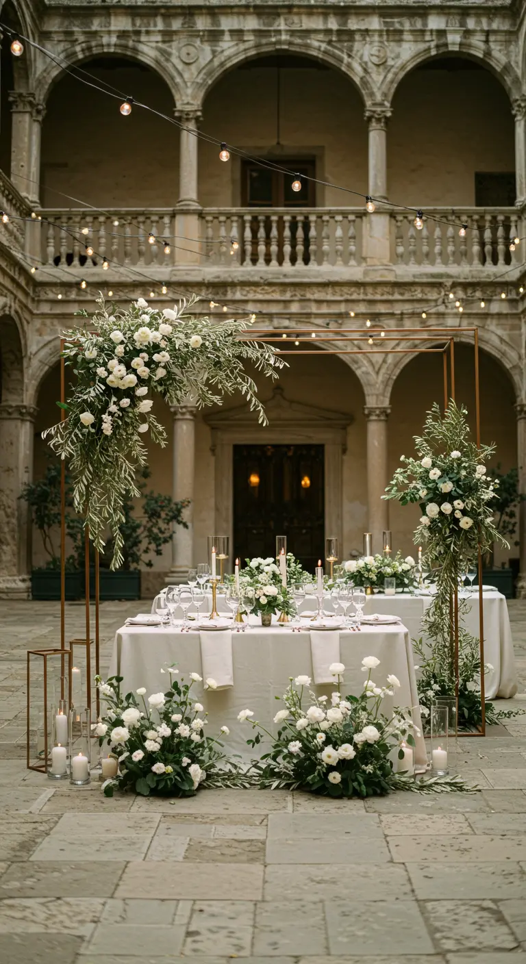 Table de mariage dressée sous une arche florale rectangulaire dans une cour historique.