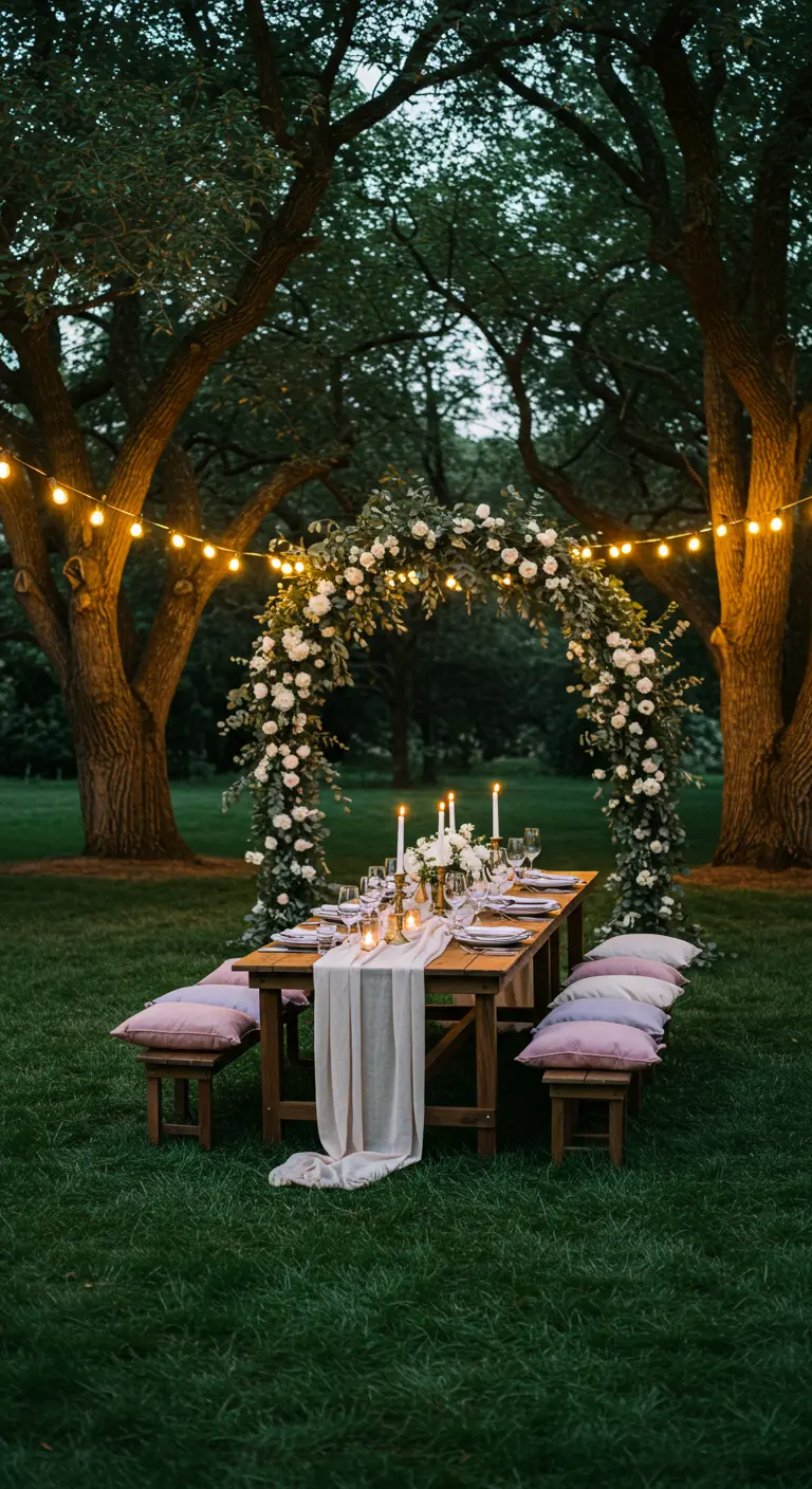 Table de dîner dressée sur l'herbe sous une arche de roses blanches et de guirlandes lumineuses.