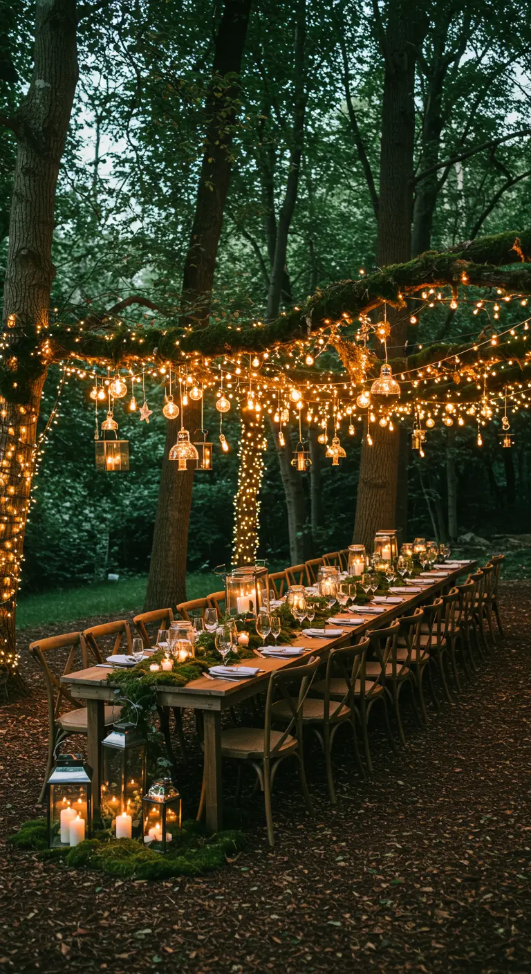 Longue table en bois dressée dans une forêt, sous une profusion de guirlandes lumineuses.