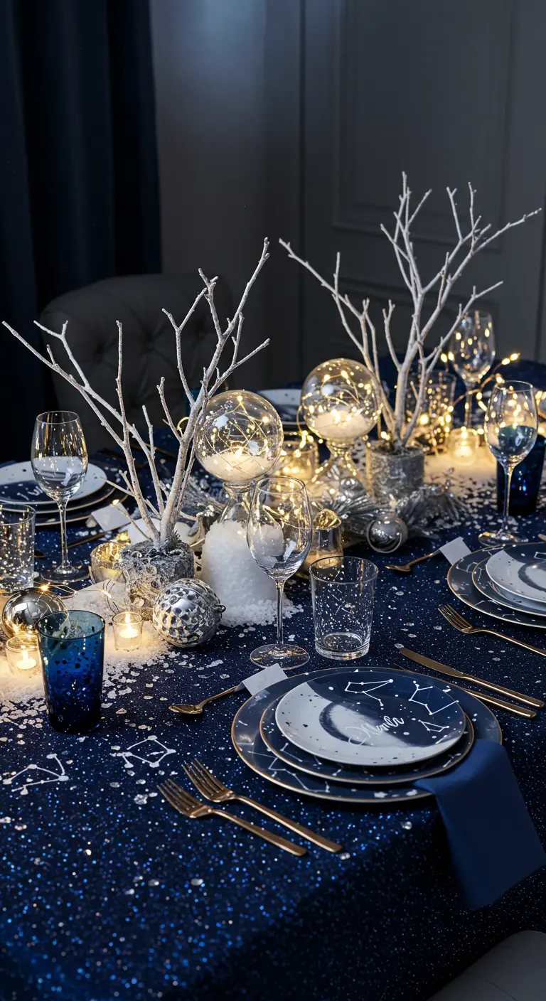 Table de réveillon sur le thème des étoiles avec nappe constellation.