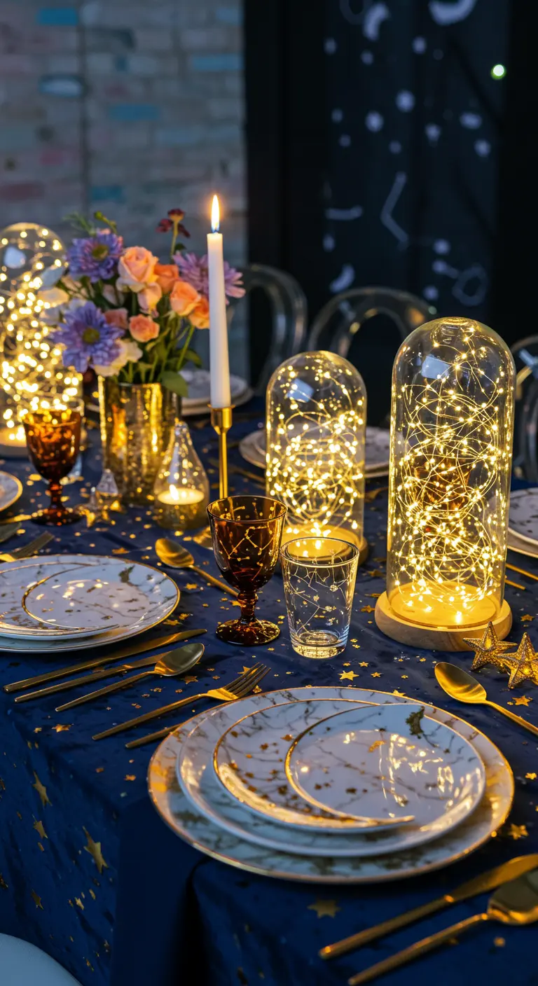 Table thème céleste avec des guirlandes sous cloche et de la vaisselle étoilée.