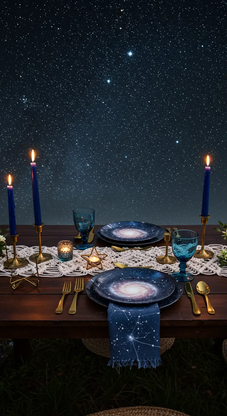 Table de soirée avec vaisselle galaxie, bougies bleues et macramé.