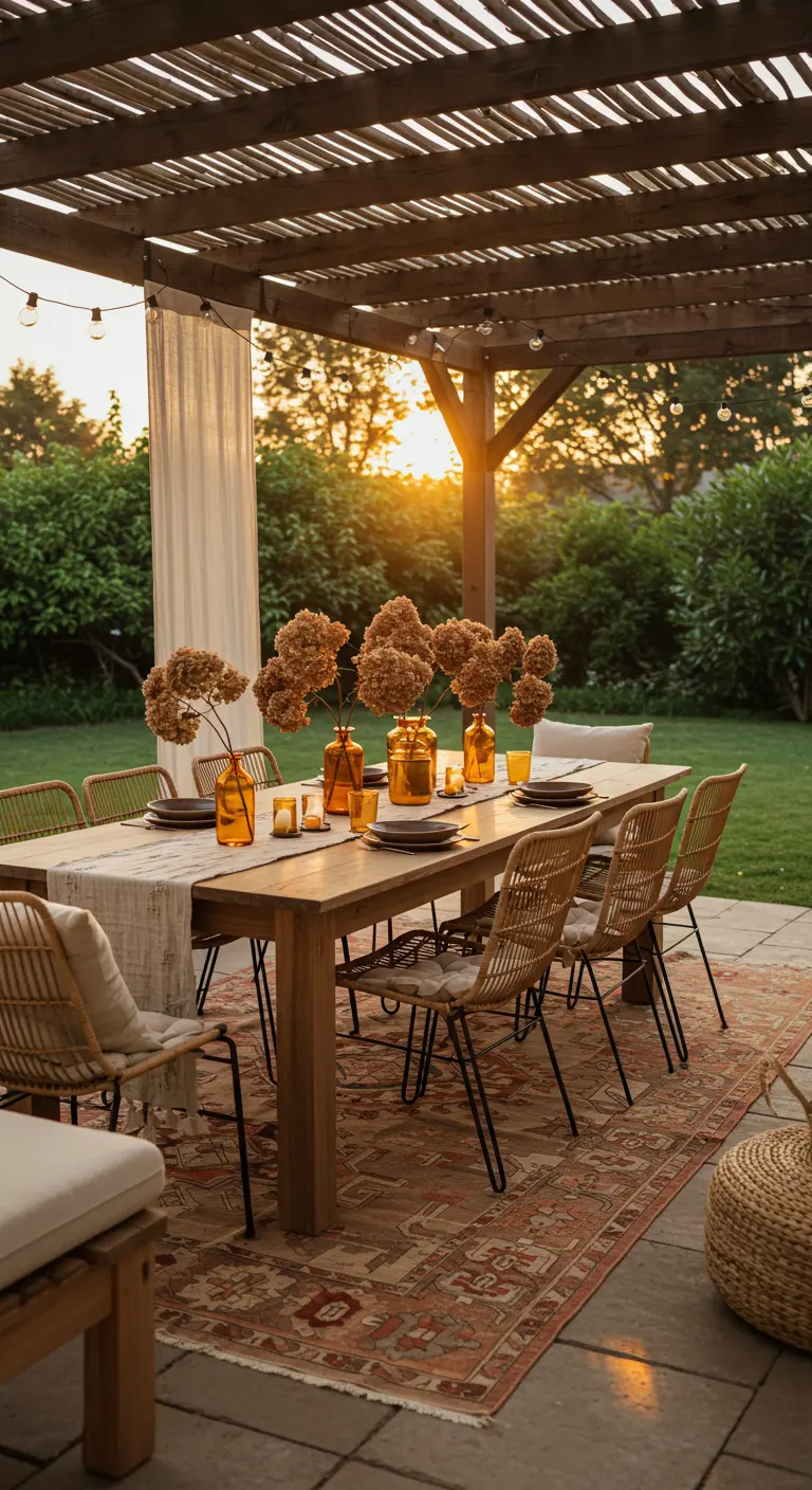 Table à manger extérieure sous une pergola, chaises en rotin et tapis oriental au coucher du soleil.