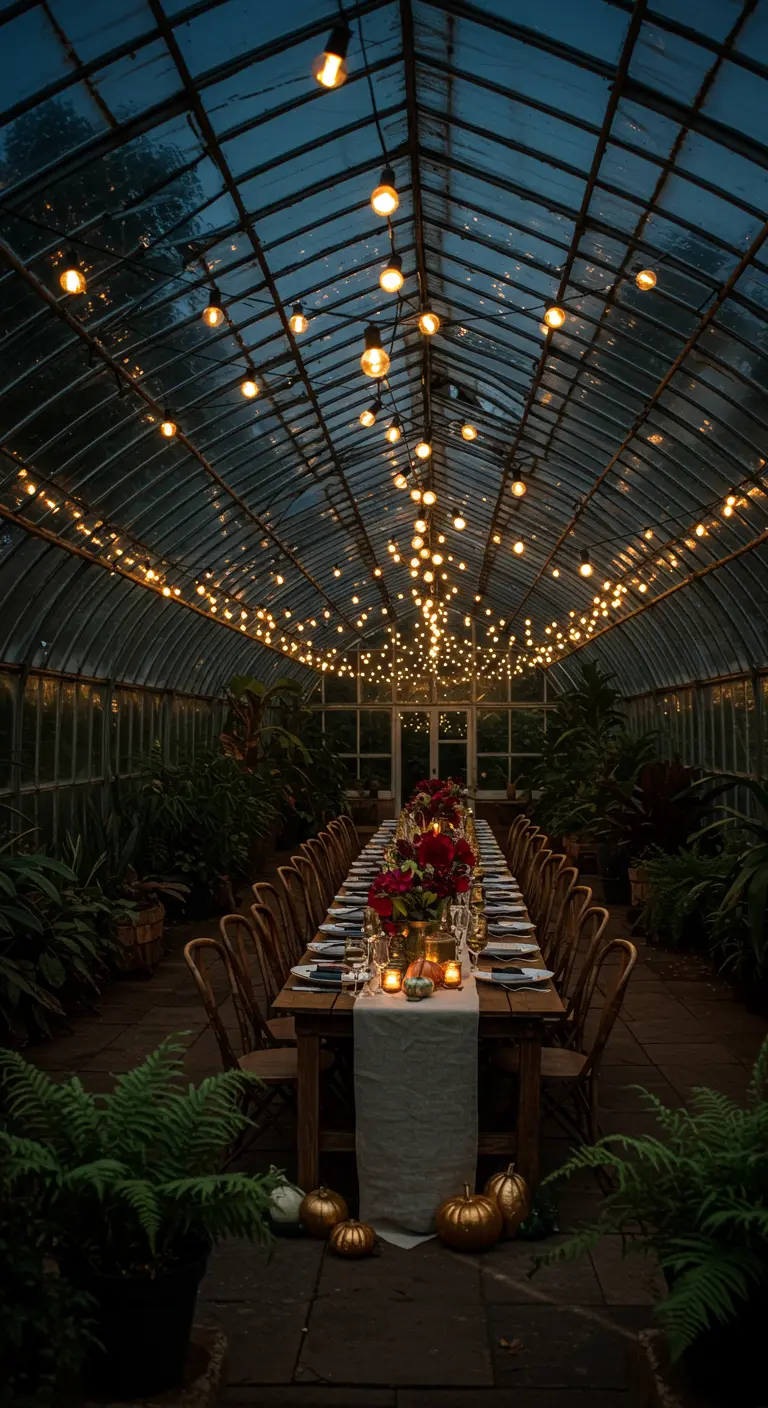 Table de dîner dans une serre illuminée par de nombreuses guirlandes.