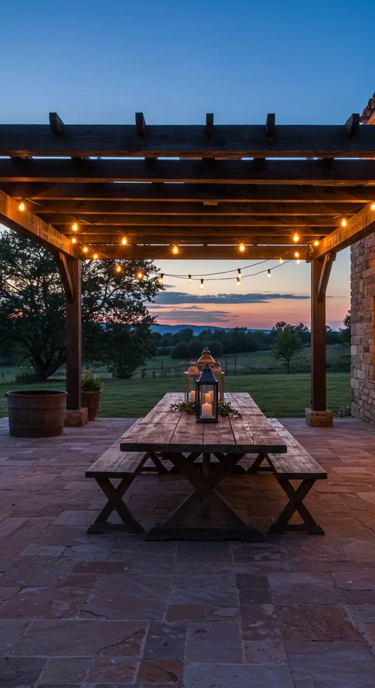 Pergola en bois avec guirlandes lumineuses au-dessus d'une table à manger rustique.