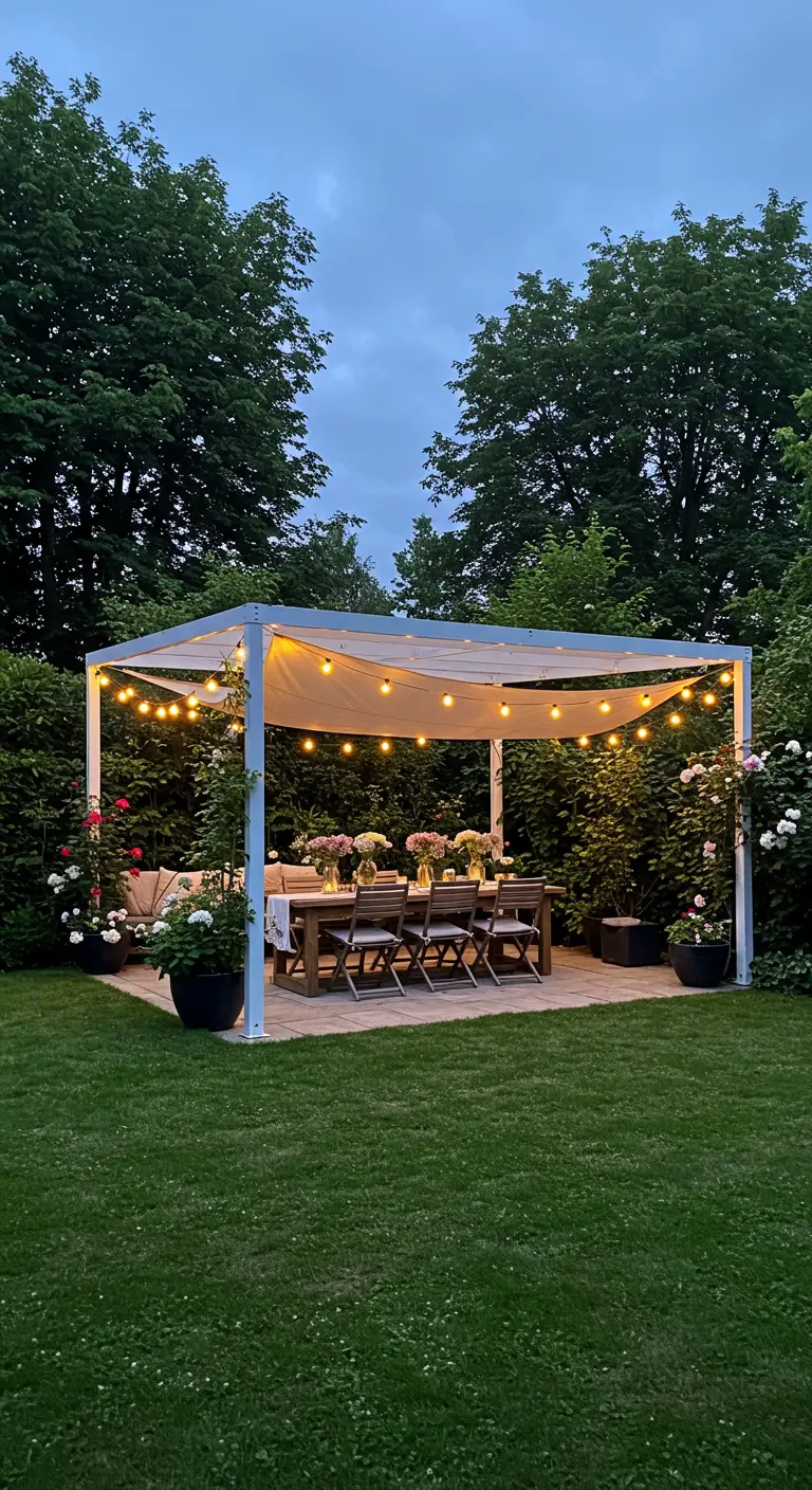 Table à manger dressée sous une pergola blanche illuminée dans un jardin luxuriant.