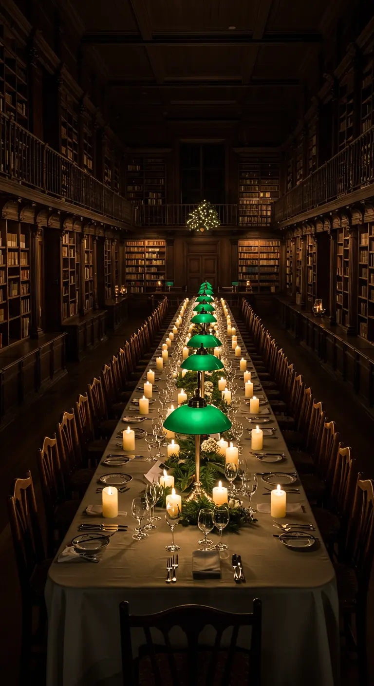 Très longue table de dîner dans une bibliothèque, éclairée par des lampes vertes et des bougies.