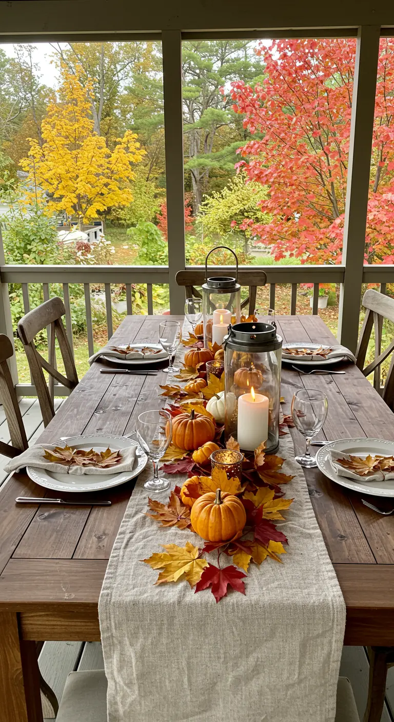 Table d'extérieur avec feuilles d'automne, citrouilles et lanternes.