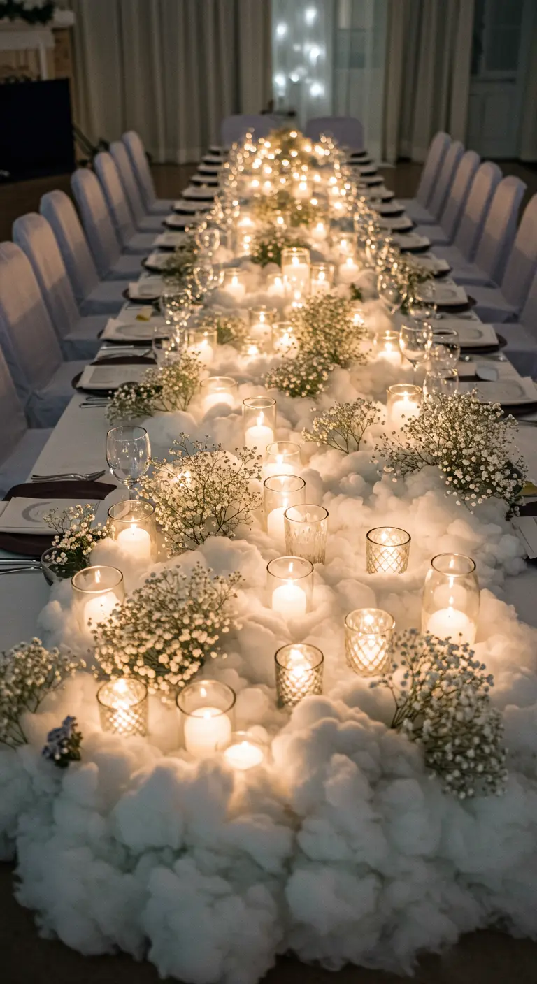 Centre de table féerique avec ouate, gypsophile et de nombreuses bougies.