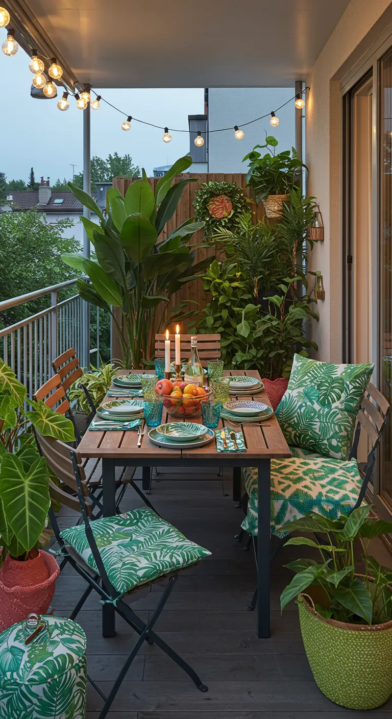 Balcon salle à manger avec table en bois, coussins tropicaux, guirlande lumineuse et plantes exotiques.