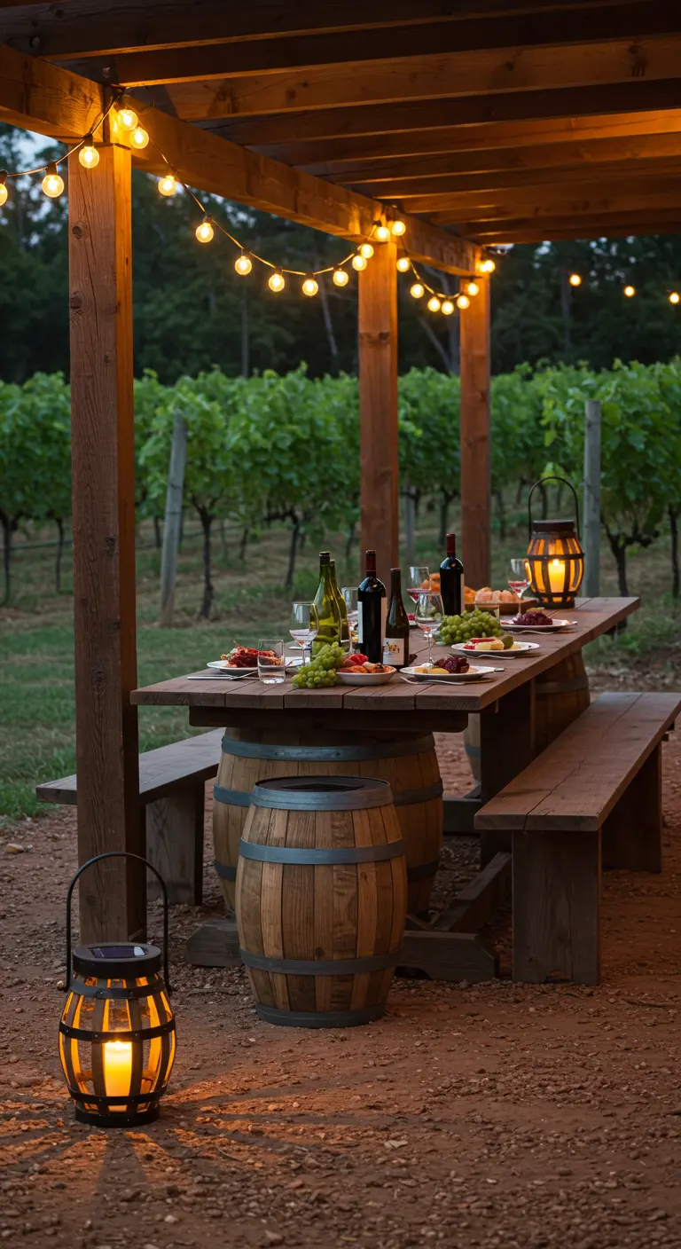Dîner en vignoble avec table rustique, guirlandes lumineuses sous pergola et lanternes.