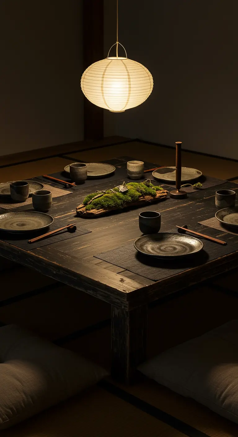 Table basse japonaise dans la pénombre, éclairée par une lanterne en papier suspendue.