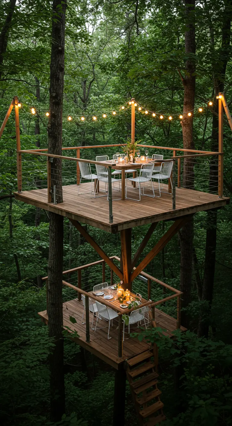 Deux plateformes de repas suspendues dans les arbres avec tables en bois, chaises blanches et guirlandes lumineuses.