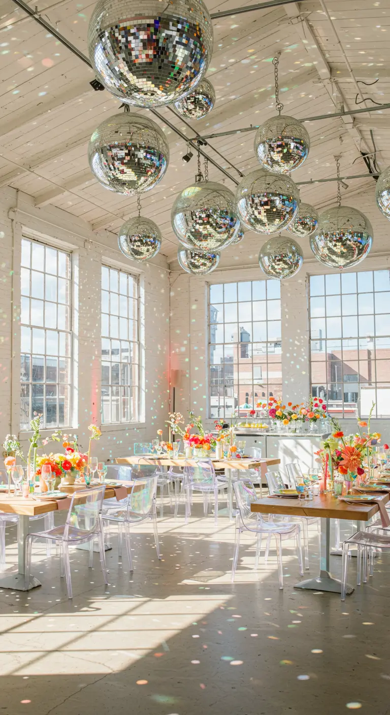 Une salle de réception lumineuse avec des tables dressées et des boules à facettes.