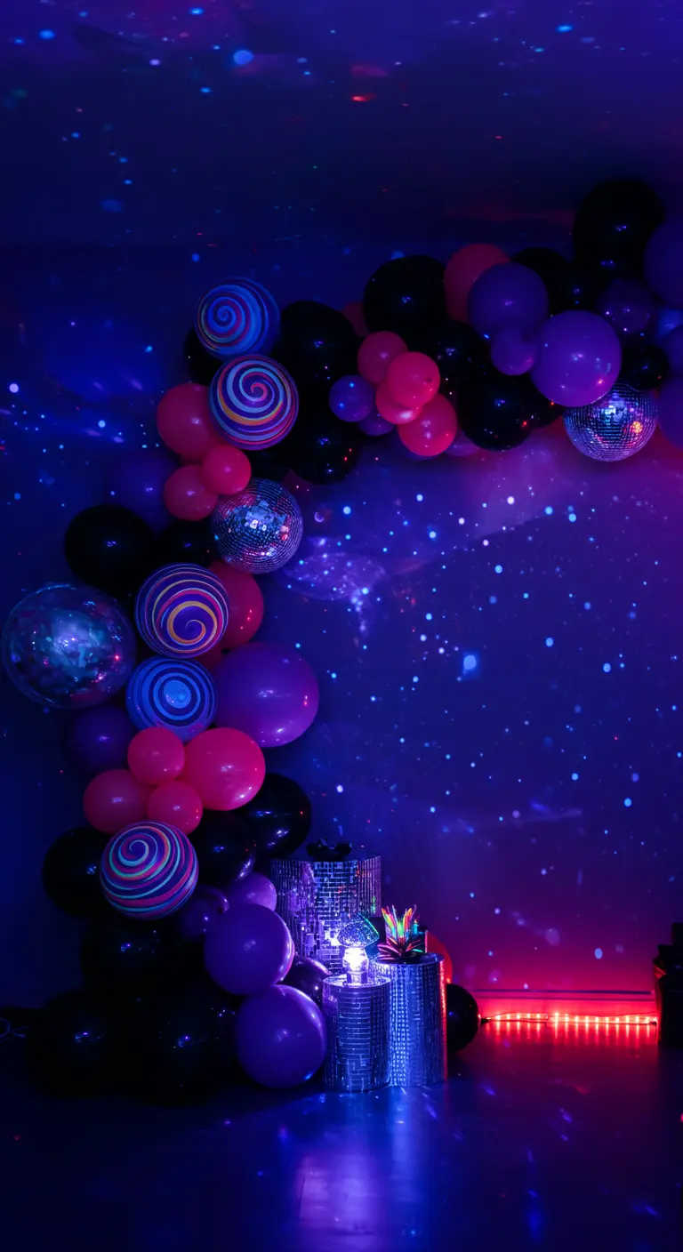 Arche de ballons fluo sous une lumière noire, ambiance disco et galaxie.