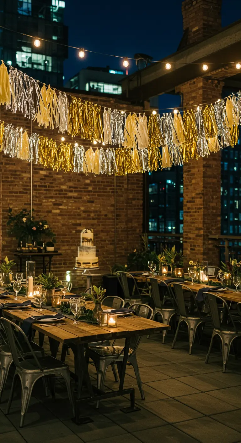 Guirlandes à franges métallisées or et argent suspendues sur un rooftop la nuit.
