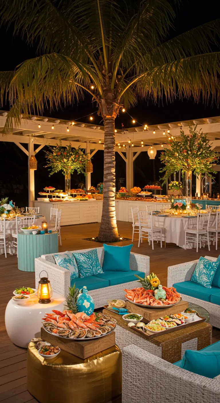 Terrasse extérieure avec mobilier blanc et turquoise, palmiers illuminés et un grand buffet de fruits de mer.
