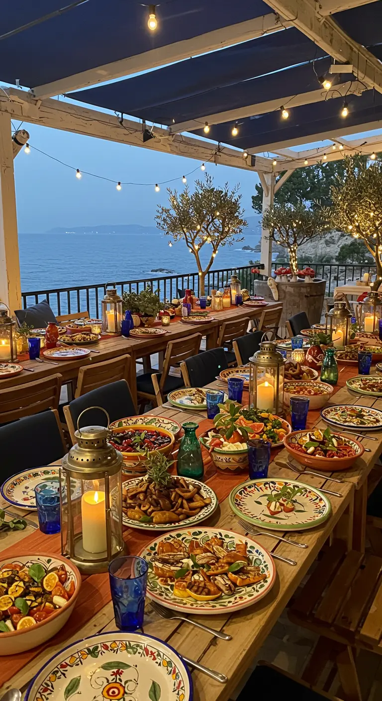 Buffet extérieur méditerranéen, vue sur mer, vaisselle colorée, lanternes.