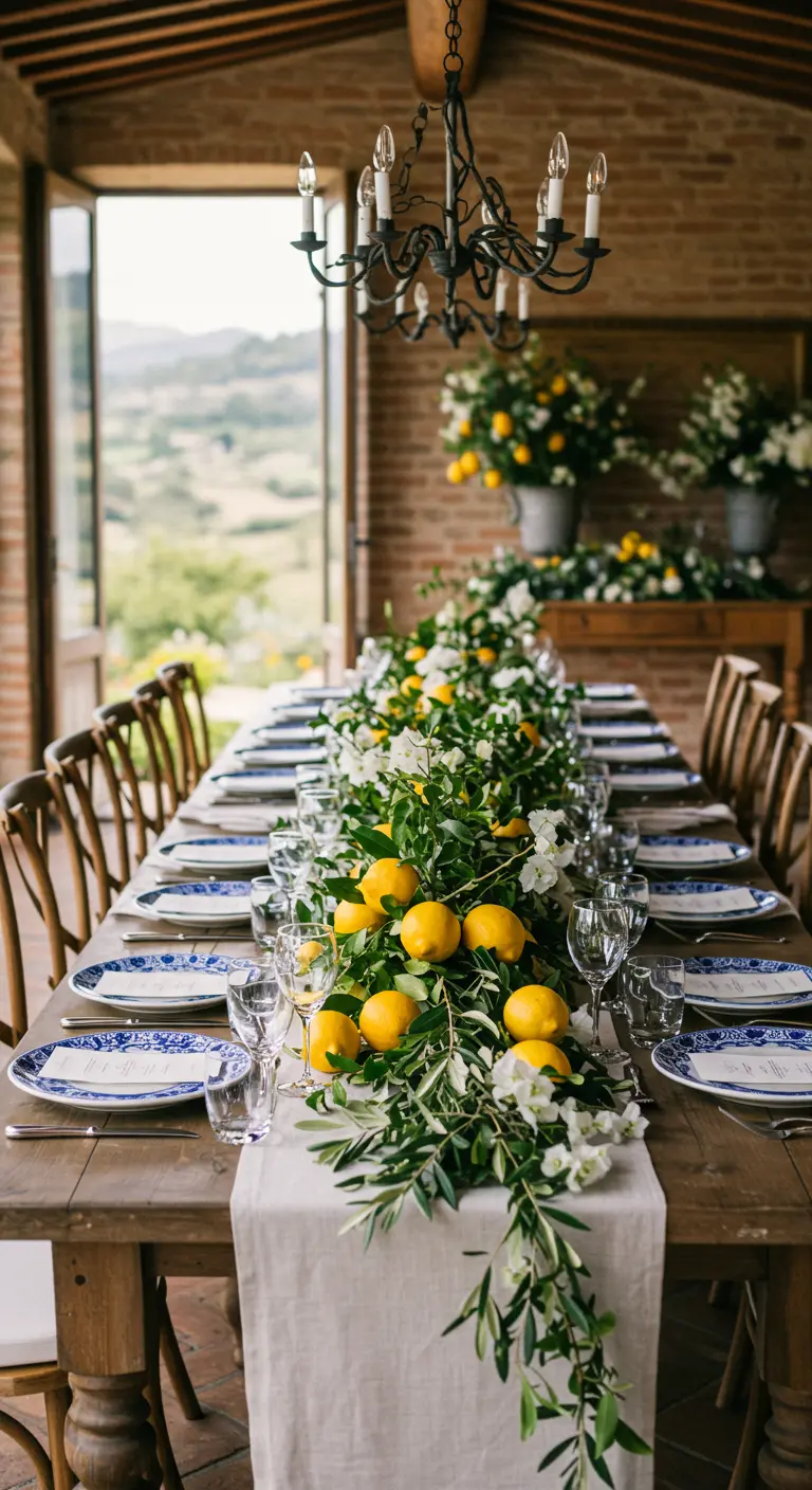 Table toscane avec chemin de table de citrons et fleurs blanches.