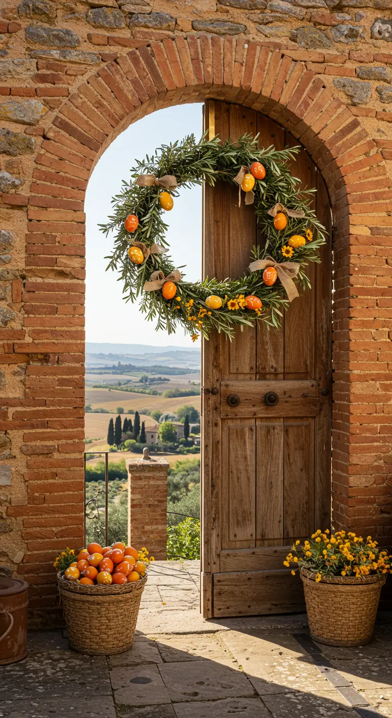 Couronne de feuilles d'olivier et d'agrumes sur une porte en bois, avec vue sur la campagne toscane.