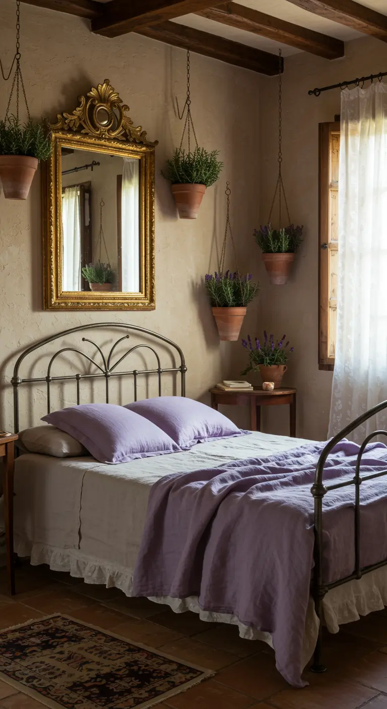 Chambre méditerranéenne avec sol en terre cuite, lit en fer forgé, literie lavande, miroir doré et pots de lavande suspendus.