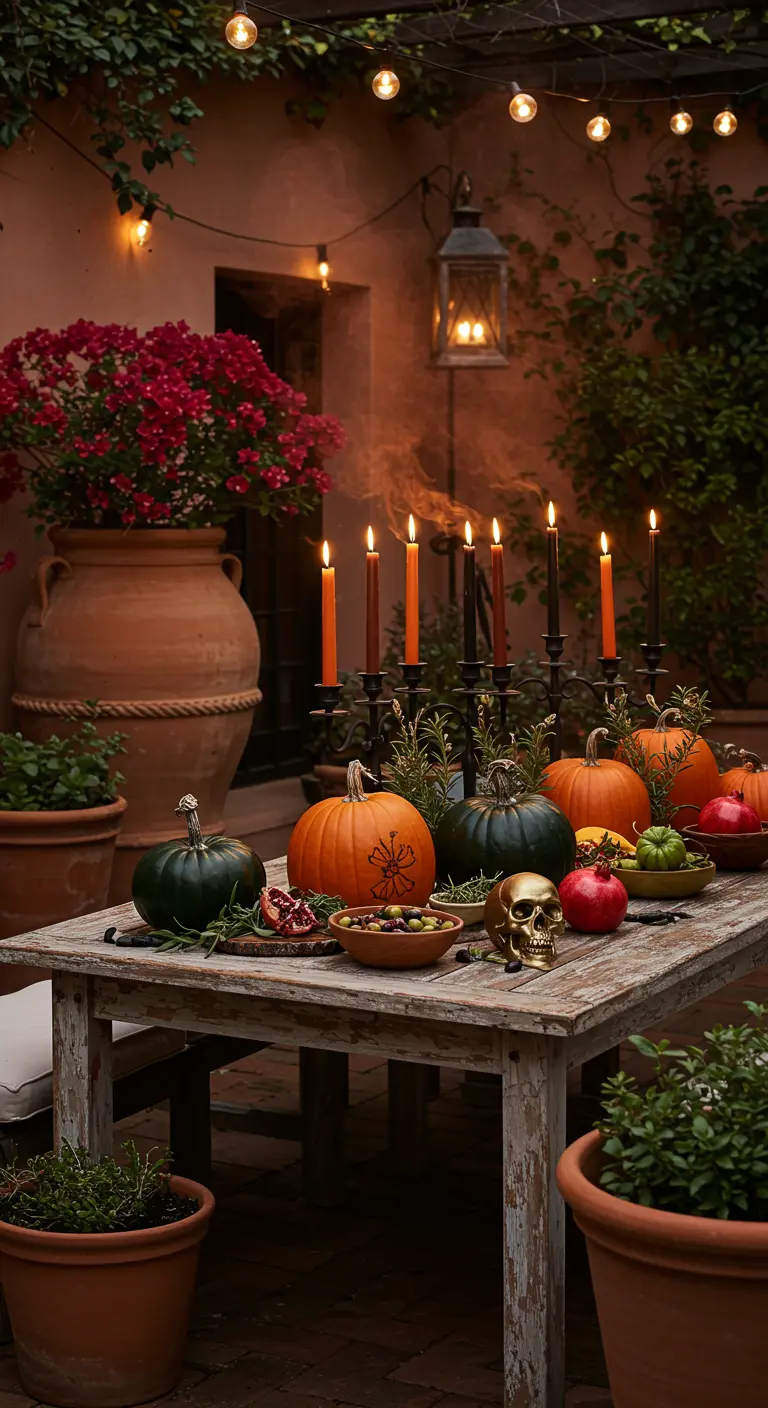 Table d'Halloween méditerranéenne avec citrouilles, grenades, olives, bougies et crâne doré