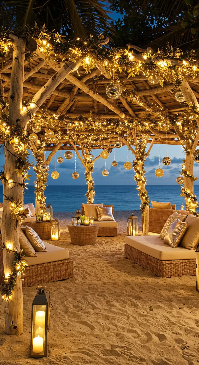 Kiosque de plage en bois décoré de guirlandes lumineuses dorées, boules miroir et lanternes au bord de l'océan.