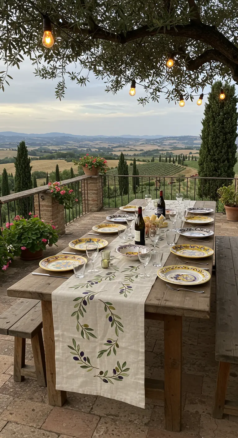 Table sur une terrasse italienne avec un chemin de table à motif d'olivier.