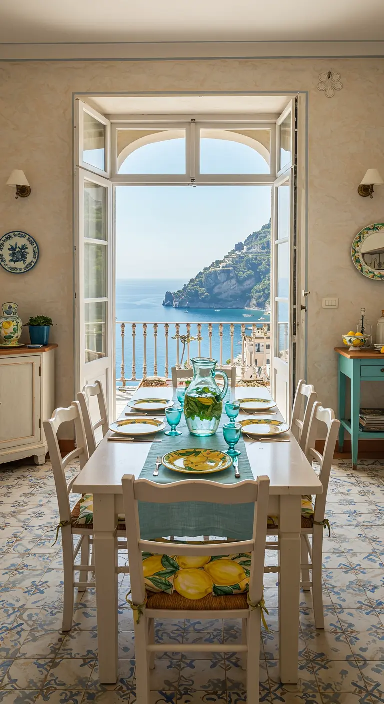 Table blanche avec des coussins à motif citron, vue sur la mer.