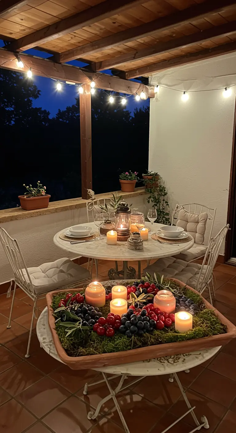 Centre de table sur terrasse avec mousse, bougies colorées, raisins et cerises dans une jardinière, guirlandes.