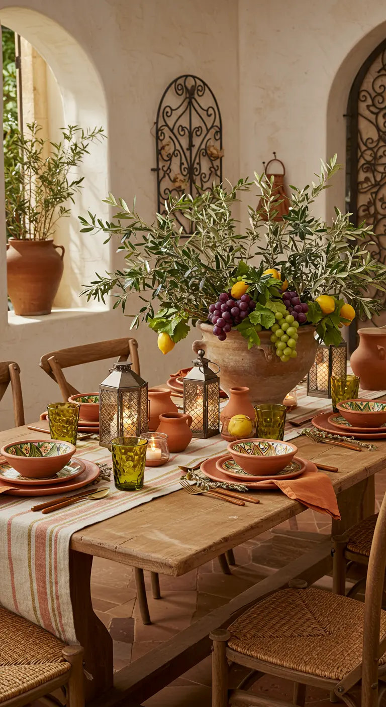 Table méditerranéenne avec un centre de table composé de branches d'olivier, de citrons et de raisins dans une jarre en terre cuite.