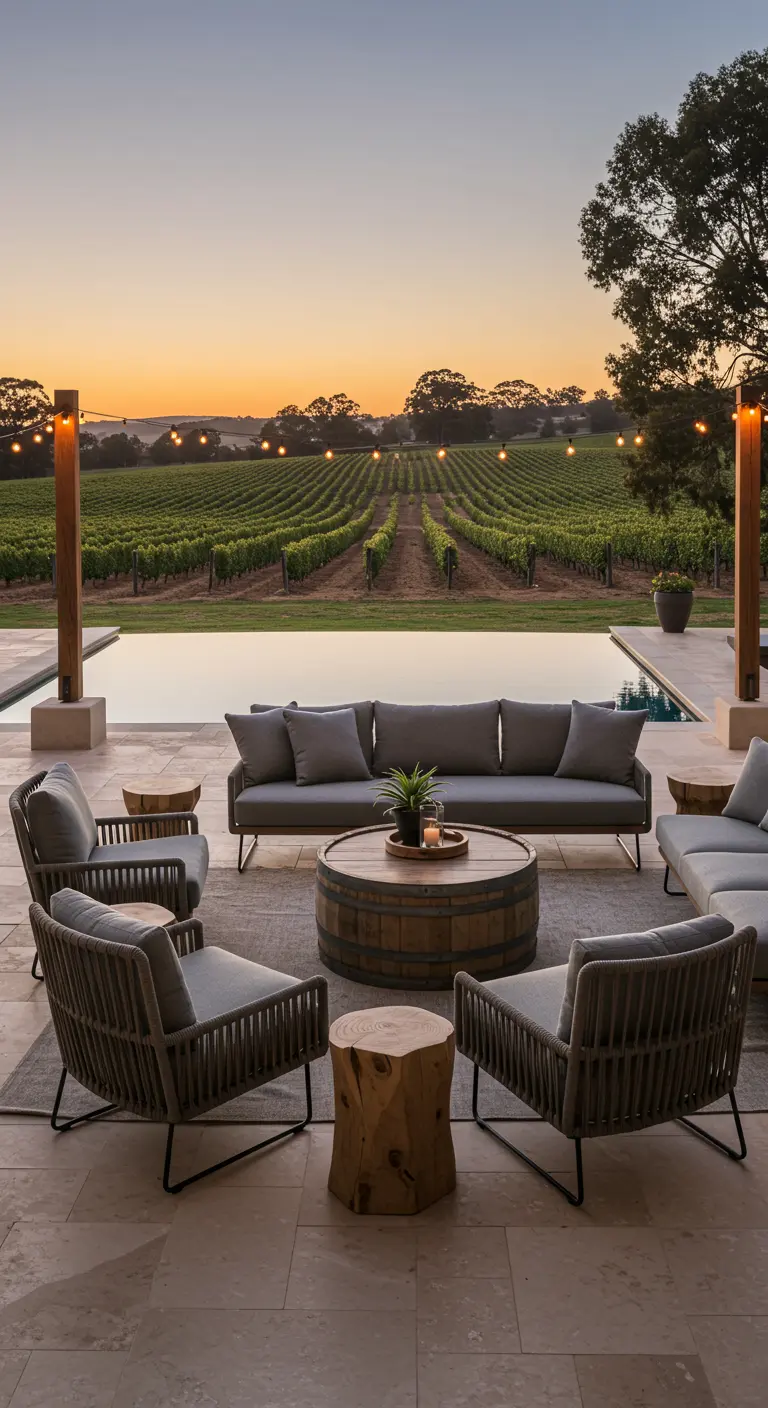 Lounge contemporain avec canapés gris, table tonneau, guirlandes et vue sur un vignoble.
