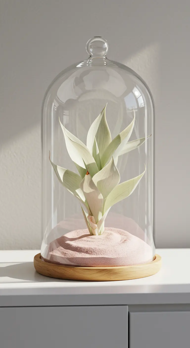 Terrarium sous cloche en verre avec succulente pâle, sable rose sur une base en bois.