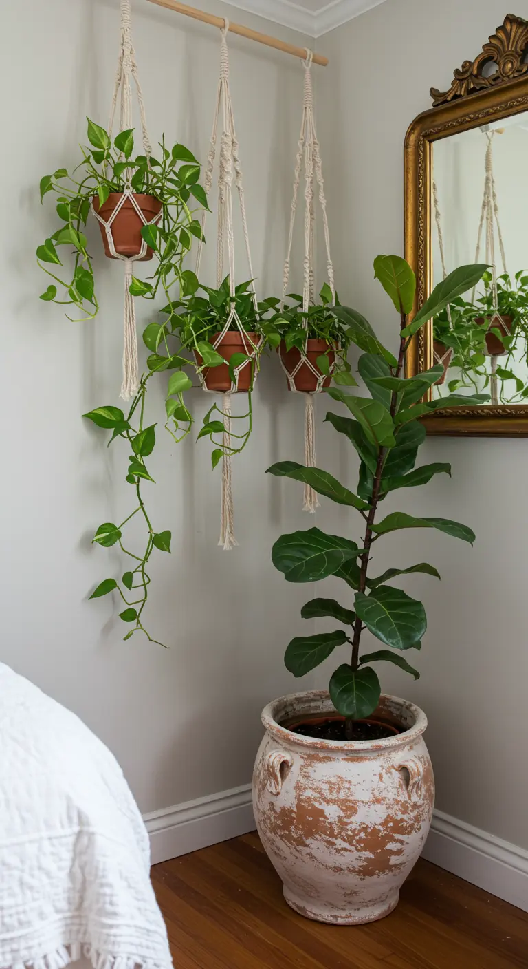 Grand pot en terre cuite patiné avec un figuier lyre, à côté de plantes suspendues en macramé.