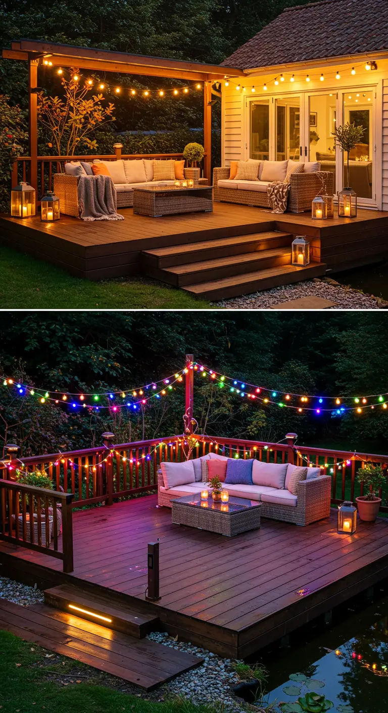 Terrasse de jardin montrée avec deux ambiances d'éclairage différentes : chaleureuse et multicolore.