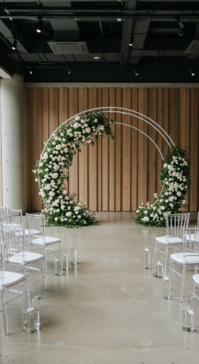Double arche semi-circulaire blanche couverte de roses et de verdure dans une salle moderne.