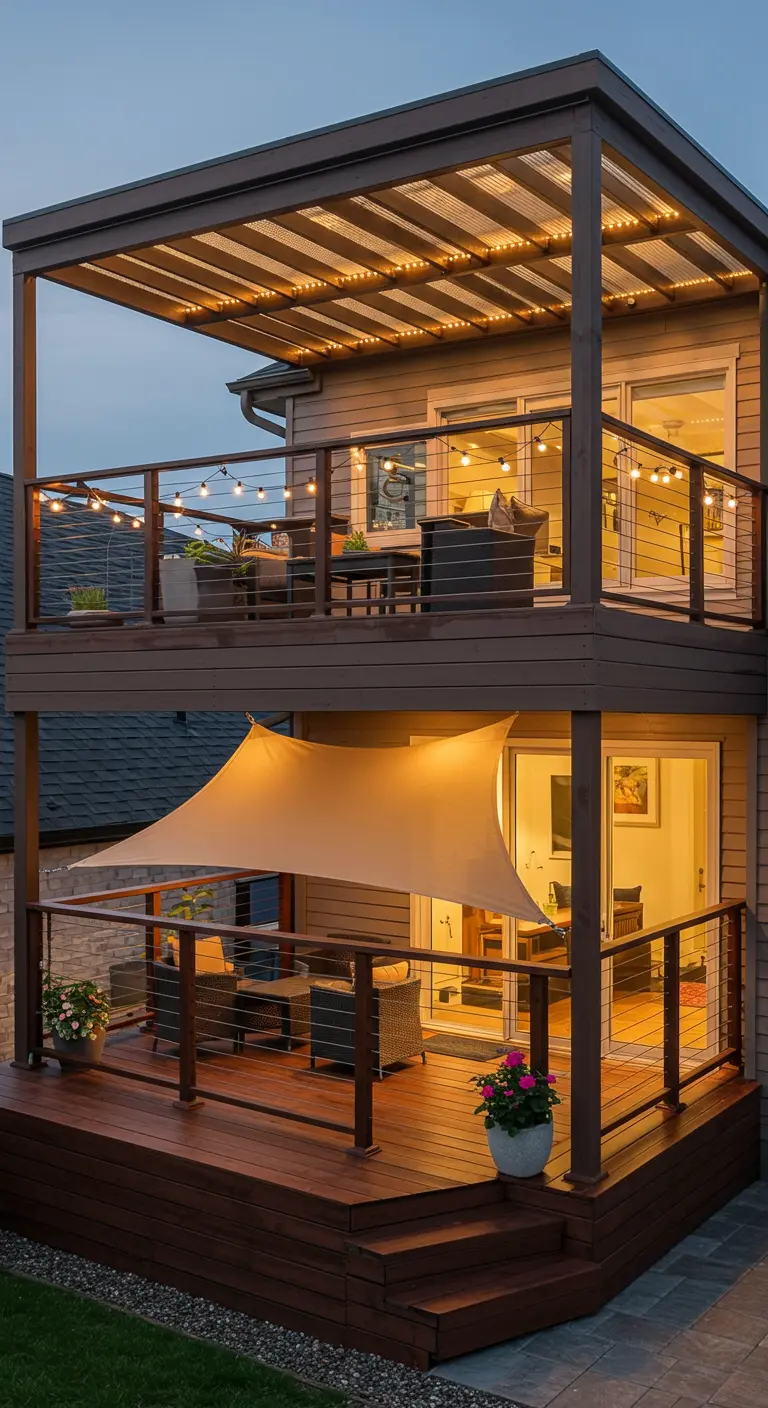 Maison avec une terrasse à deux niveaux, une pergola en haut et une voile d'ombrage en bas.