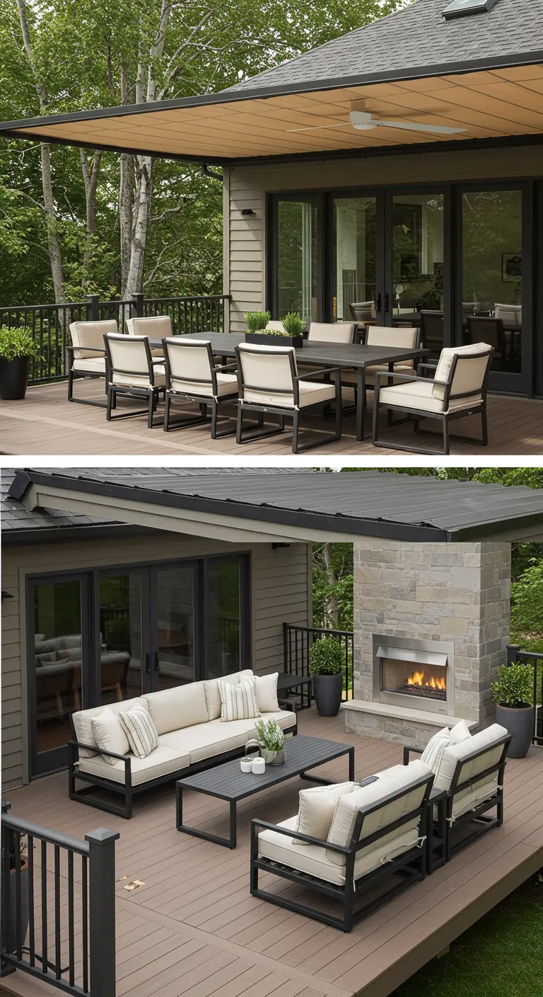 Grande terrasse avec un coin repas et un coin salon dotés de mobilier noir et écru.