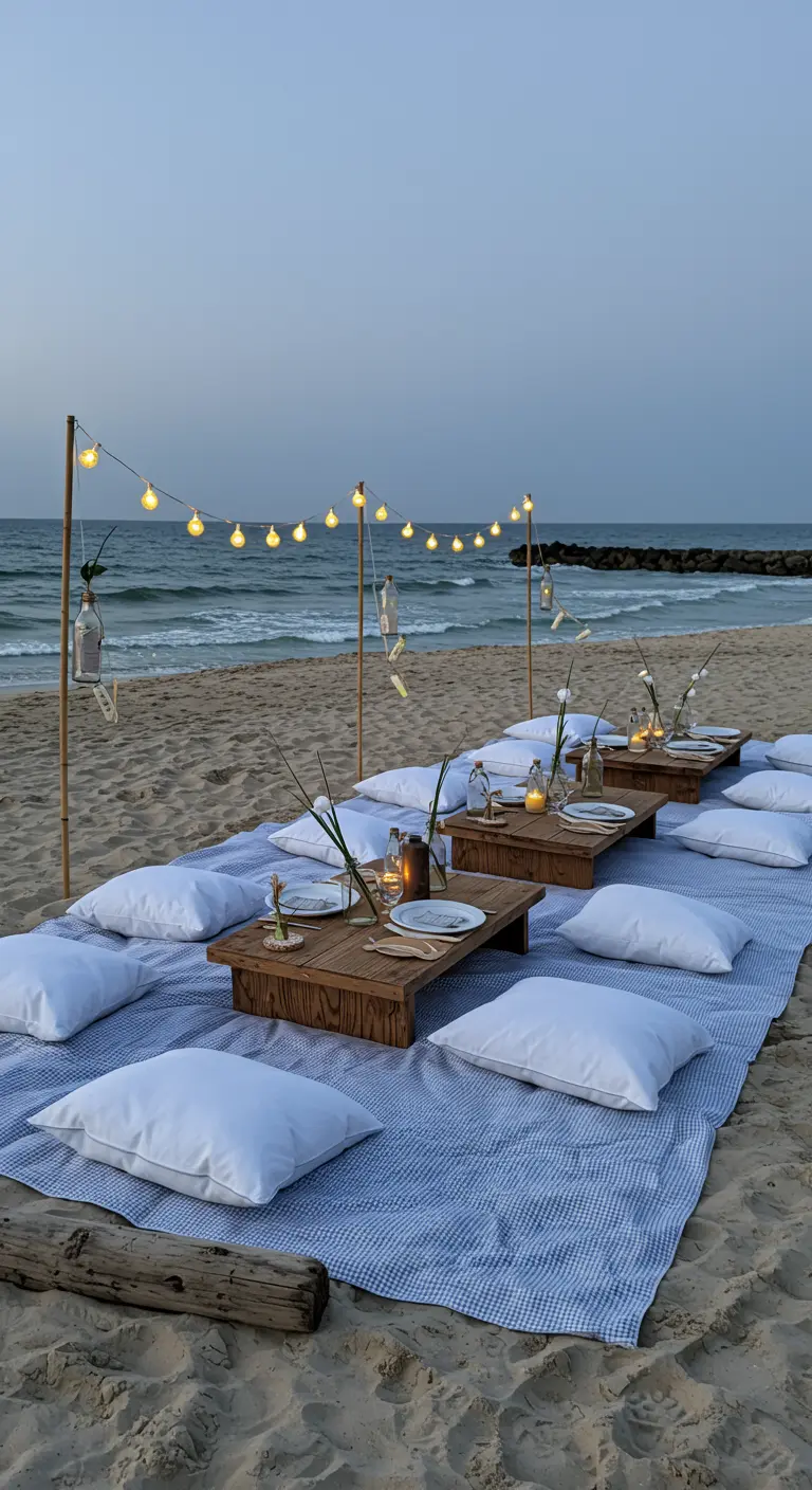Pique-nique sur la plage au coucher du soleil, nappe rayée bleue, coussins blancs.