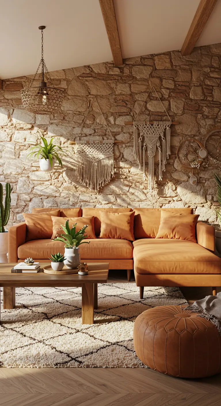 Salon méditerranéen avec canapé velours terracotta, mur de pierre, tapis berbère, macramés et table en bois.