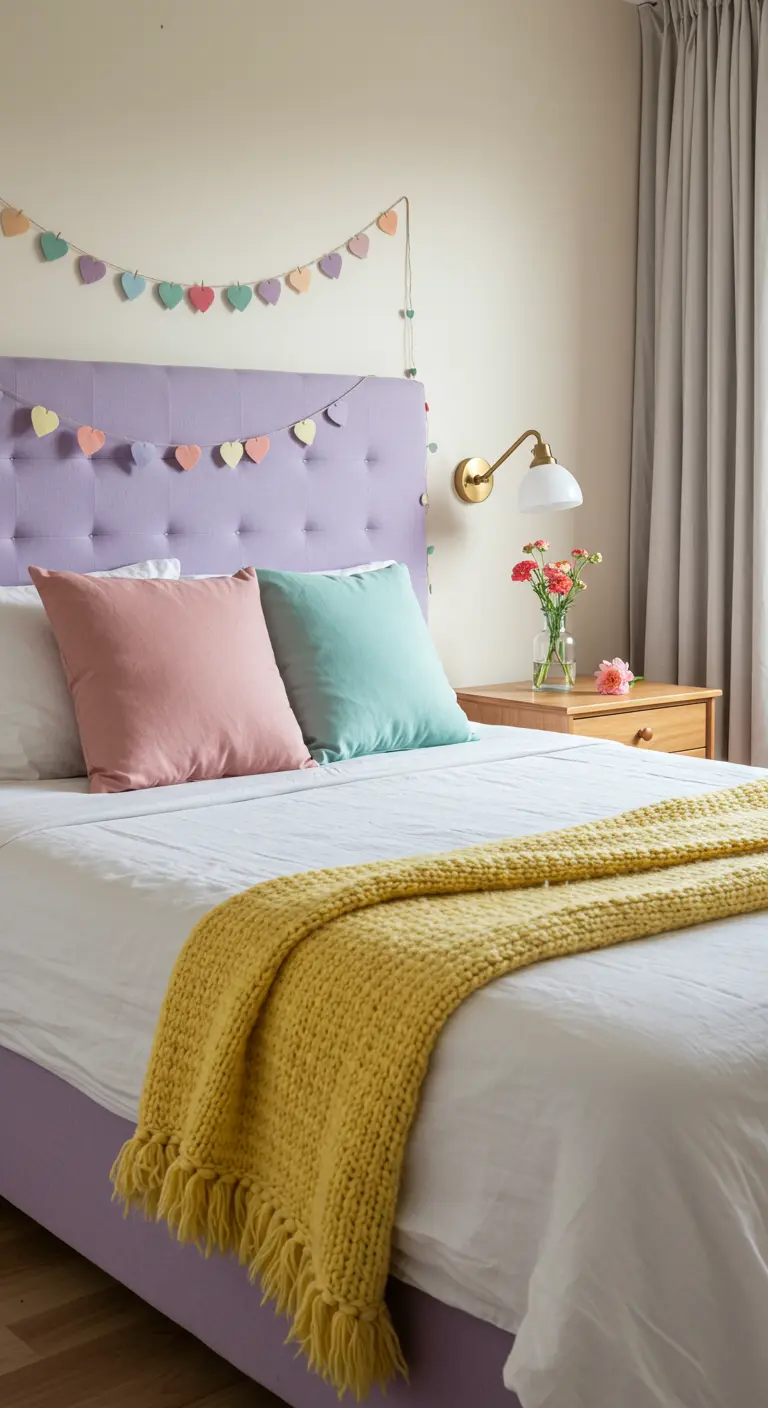 Chambre avec tête de lit lavande, plaid jaune, coussins pastel et guirlande de cœurs.