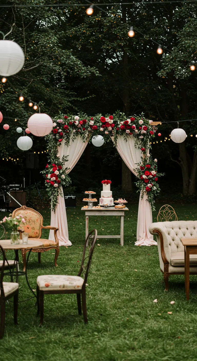Arche florale rouge et rose dans un jardin avec table à gâteau vintage et lampions.