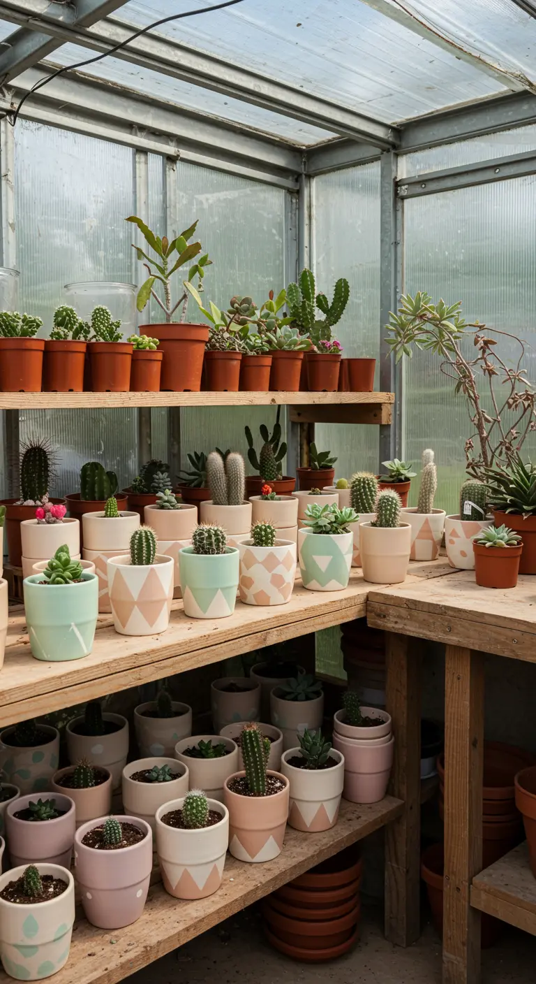 Collection de petits pots de cactus peints dans des tons pastel.
