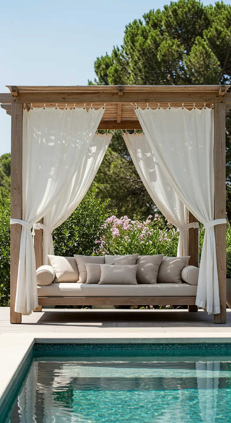 Lit de repos sous une pergola en bois avec des rideaux blancs vaporeux, au bord d'une piscine.