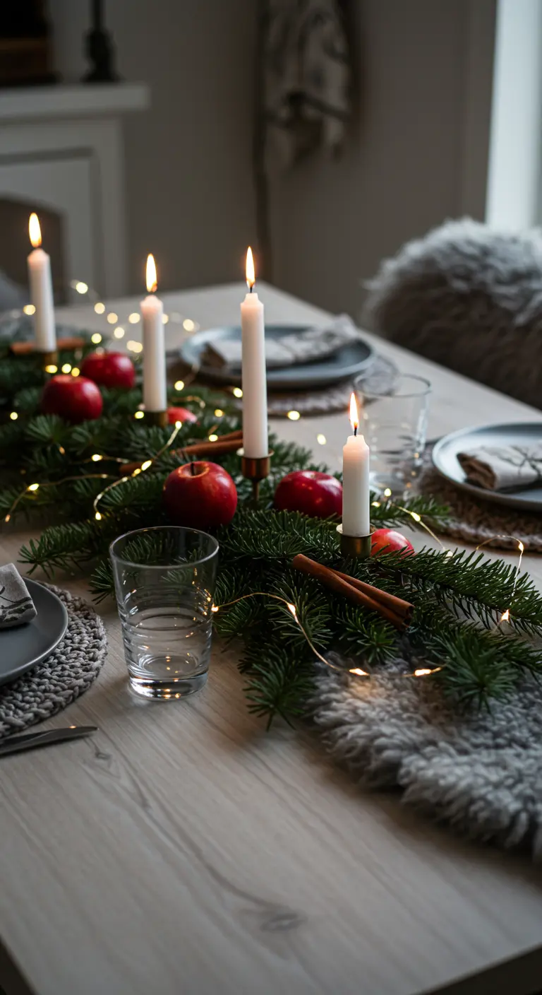 Chemin de table en fausse fourrure grise avec branches de sapin, guirlande lumineuse, bâtons de cannelle et pommes rouges.