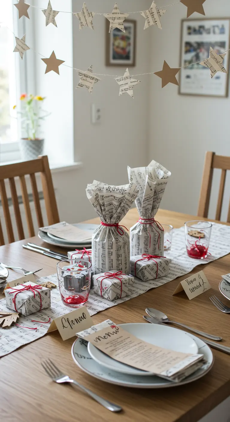 Cadeaux emballés dans du papier à musique, posés sur une table de fête décorée d'étoiles en papier.