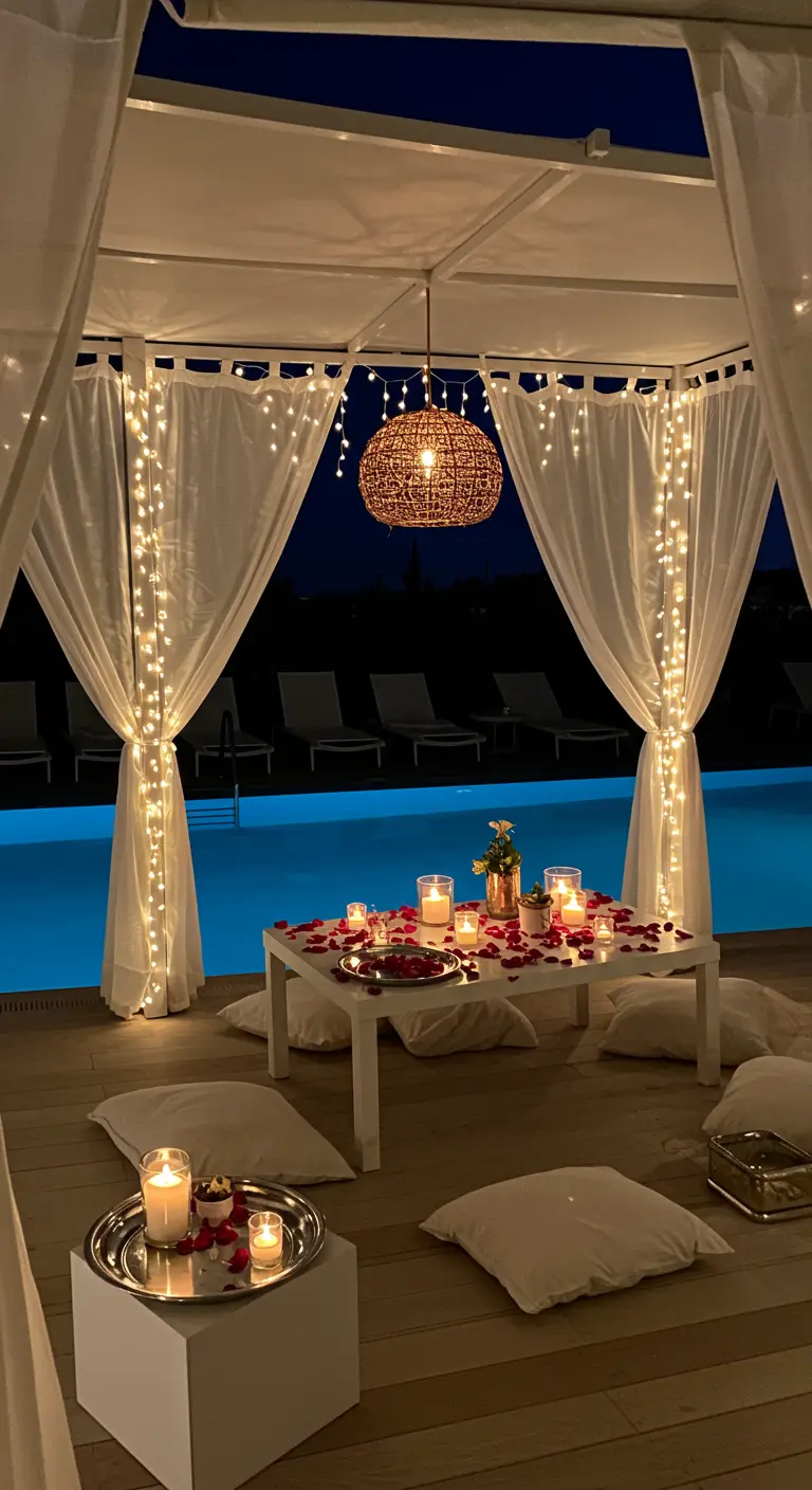 Dîner romantique dans une cabane avec voilages au bord d'une piscine.