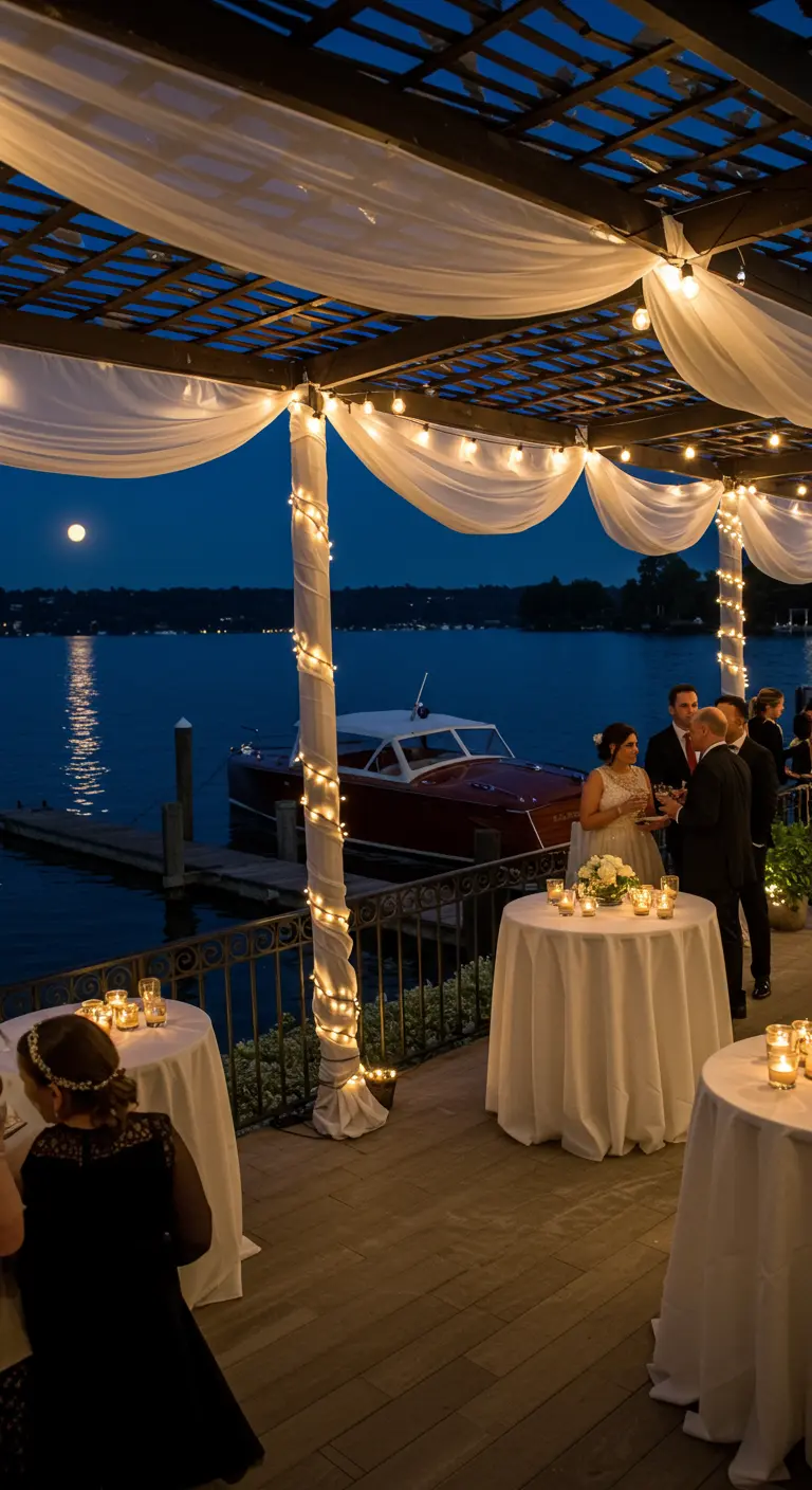 Terrasse au bord de l'eau décorée de guirlandes lumineuses et de voilages.
